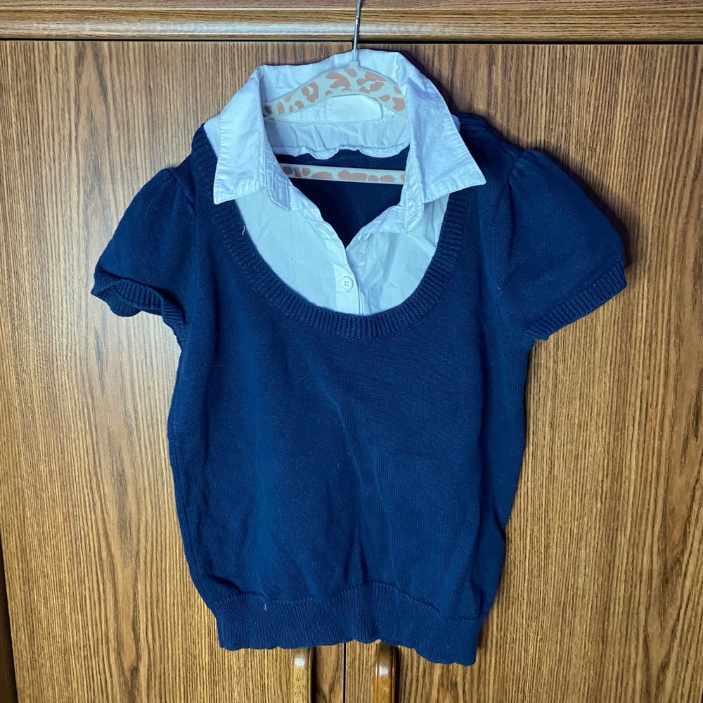 Crazy 8 Sweater Top Kids Size M 7-8 Blue White 2-in-1 Layered Short Sleeve